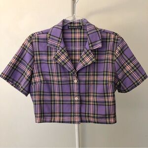 Brandy Melville Y2K Purple Plaid Pattern Cropped Button Down Shirt Blouse. Small